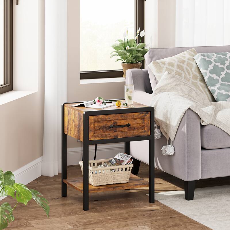 Nightstand with Charging Station Modern Side Table End Table with 1 Drawer