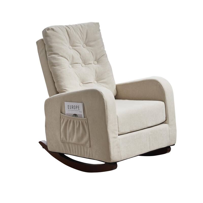 Beige Adjustable Recliner for Balcony or Tatami, with High Back Design, Solid Wood Legs, and Side Storage Pockets