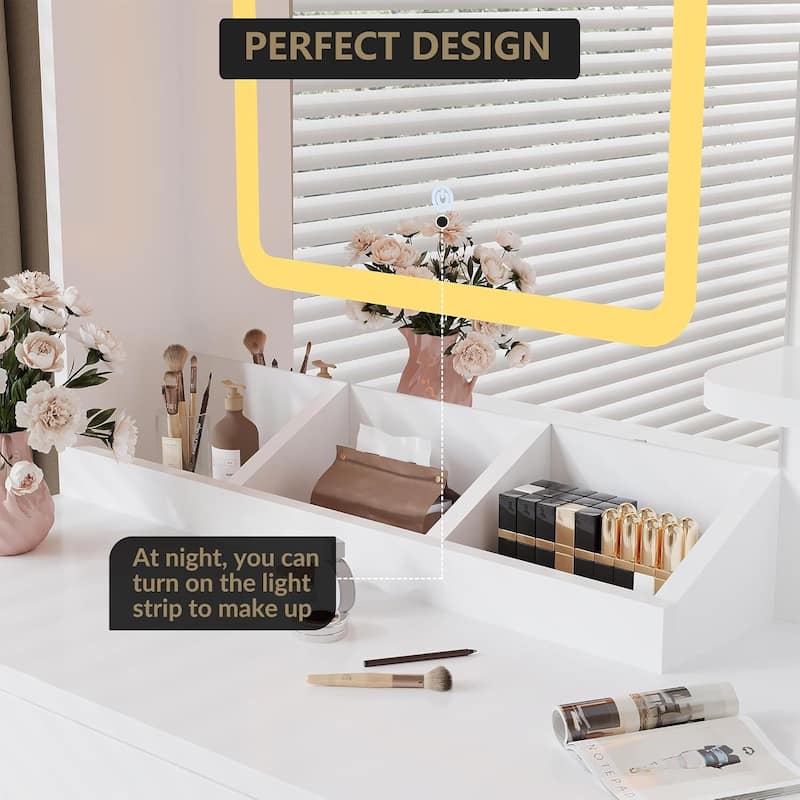 3 Storage Drawers Makeup Vanity Desk with 3-Color Lights Mirror