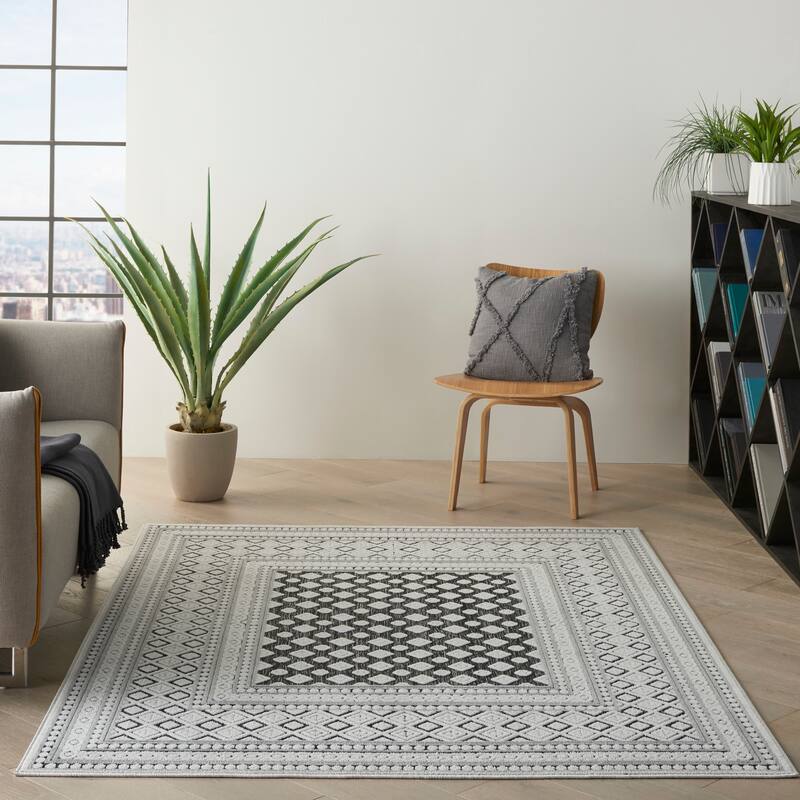 Nourison Calobra Moroccan Tile Bordered Indoor Outdoor Area Rug - 2'2" x 10' Runner - Dark Grey