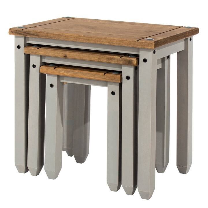 Wood Nest of 3 Tables Corona Collection | Furniture Dash - Gray wash stain, tops in antique brown color stain