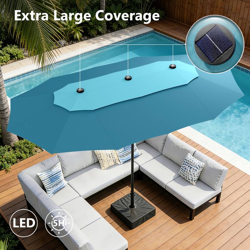 MAISON ARTS 15ft 2-Tier Large Patio Umbrella with Solar Lights, Double-Sided Outdoor Market Umbrellas with Base Included