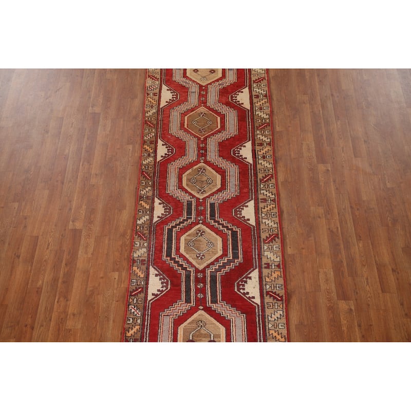 Red Ardebil Persian Runner Rug Handmade Vintage Wool Carpet - 3'0"x 12'0"