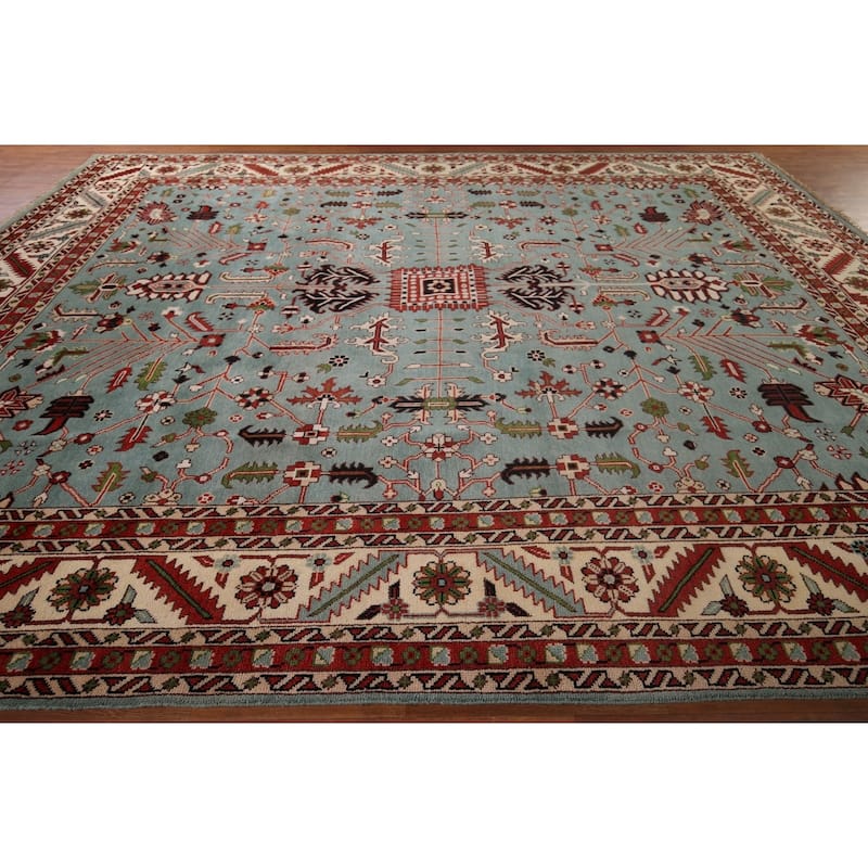 Light Blue & Ivory Oushak Indian Large Rug Hand-Knotted Wool Carpet - 11'11"x 14'3"