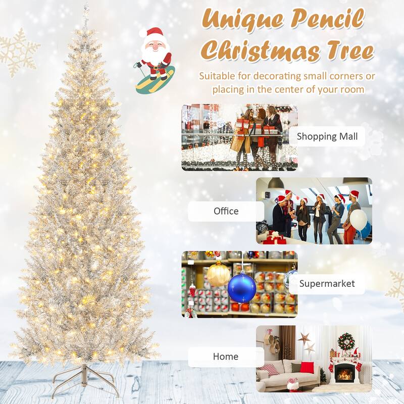 Gymax 7 FT Pre-lit Artificial Silver Tinsel Christmas Tree Slim Pencil