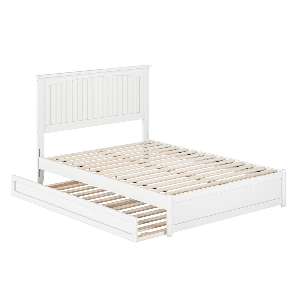 Victorian Full Platform Bed with Trundle & USB - Solid Wood, White, Panel Footboard - HomeStock