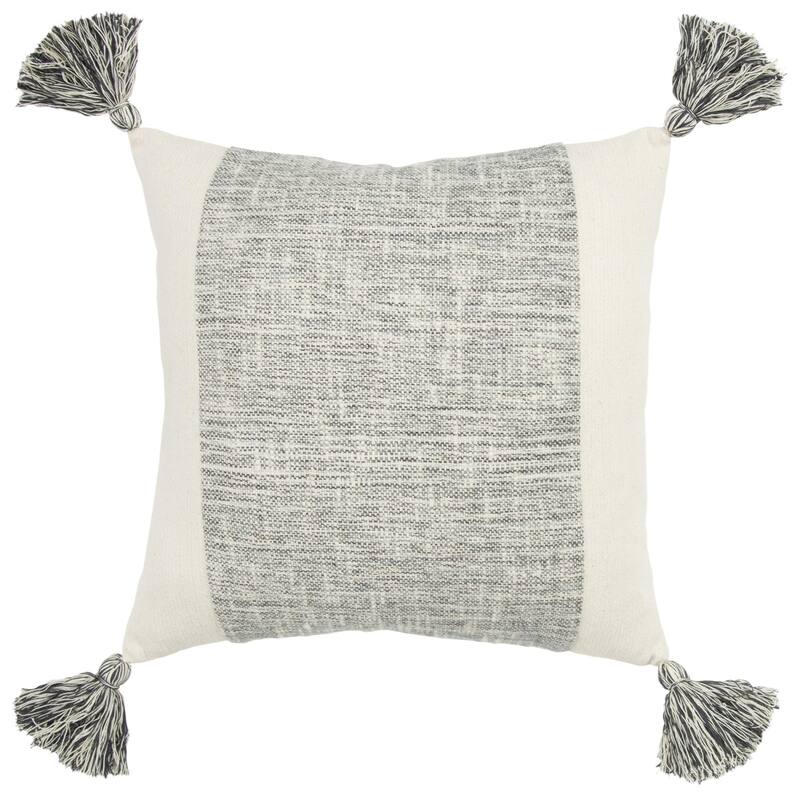 HomeRoots 20" Gray and Ivory Cotton Pillow With Tassels Edges