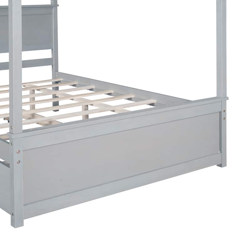 Full Size Canopy Platform Bed with Trundle, Solid Wood Frame, Support Slats Included