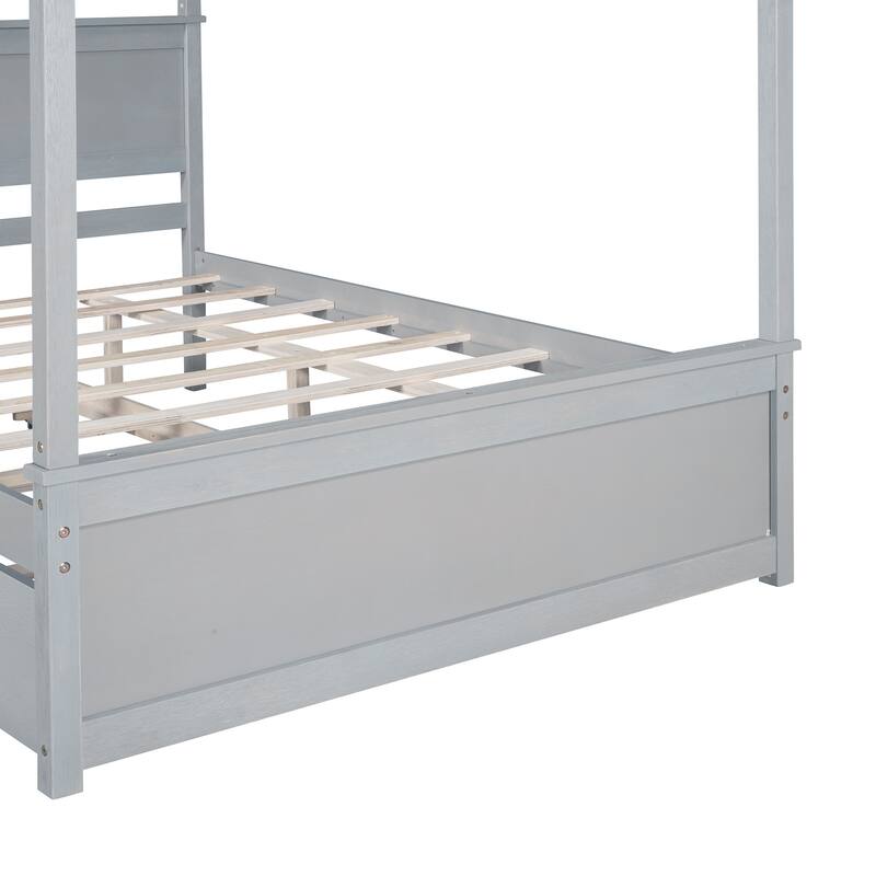 Modern Full Canopy Bed with Trundle, Solid Wood Frame, and Customizable Curtain Rails
