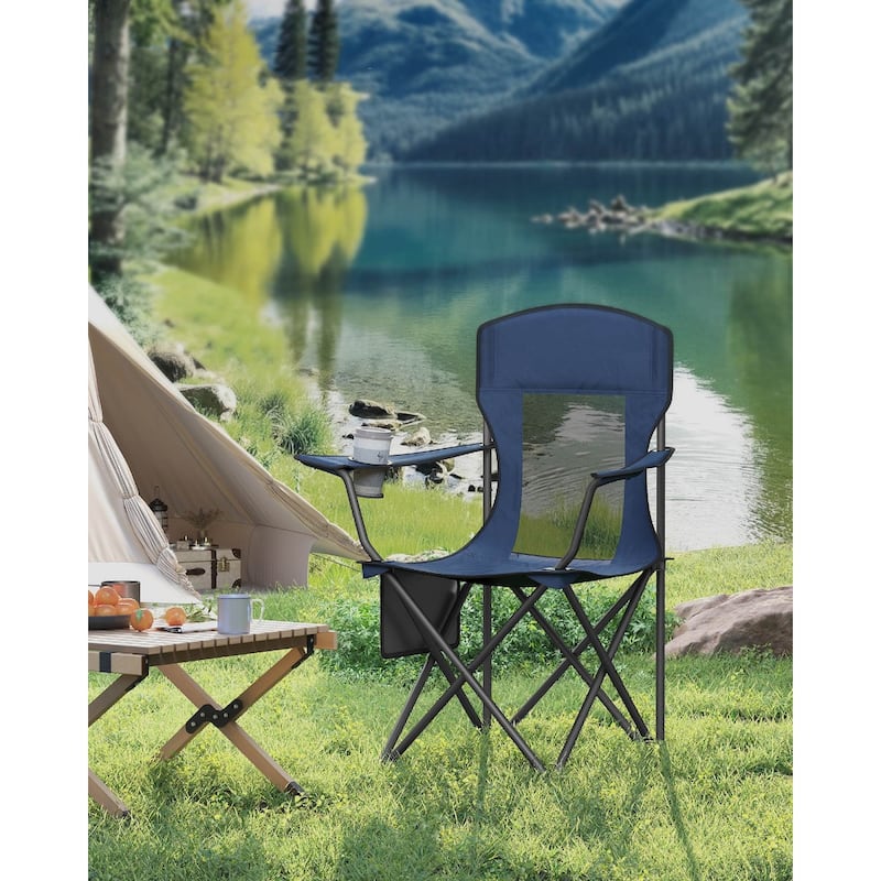 Set of 2 Foldable Camping Chairs with Mesh Back and Cup Holder Include Carry Bag for Outdoor Use - 20.3"D x 34"W x 38.2"H