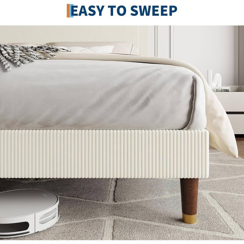 Soft Corduroy Fabric Platform Bed Frame with Upholstered Headboard, White