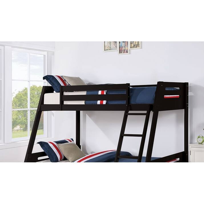 Black Wood Twin Over Full Bunk Bed with Reversible Ladder and Underbed Drawers