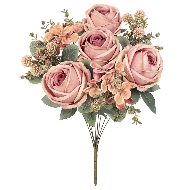 Set of 2 Rose Cafe Artificial Mixed Rose Hydrangea Berry Flower Stem Bush Bouquet 19in - 19" L x 10" W x 10" DP