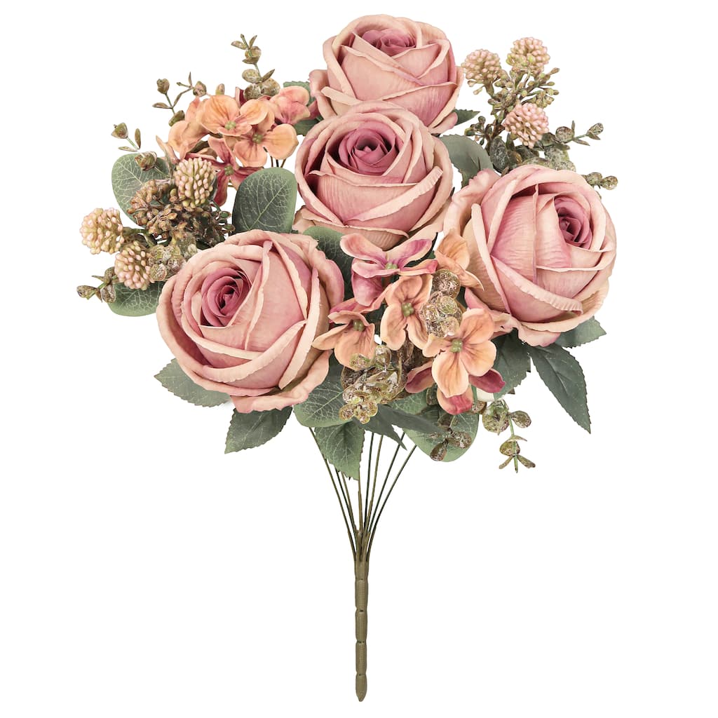 Set of 2 Rose Cafe Artificial Mixed Rose Hydrangea Berry Flower Stem Bush Bouquet 19in - 19" L x 10" W x 10" DP