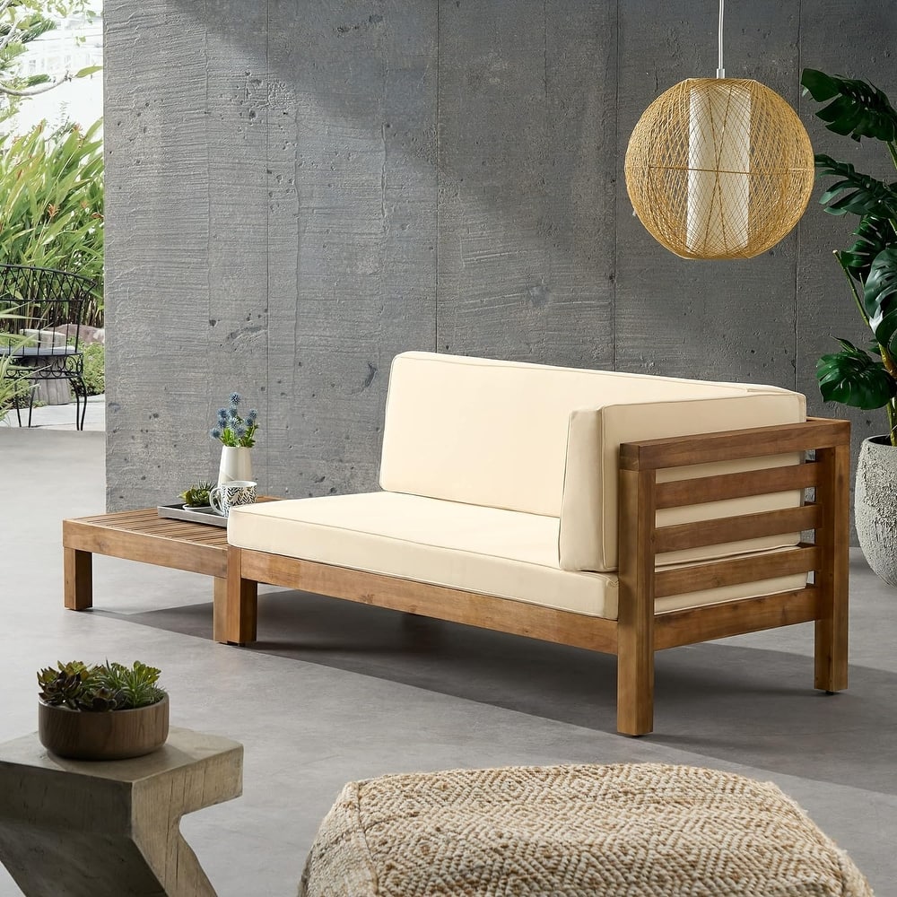 Roomfitters Right Corner Bench with Coffee Table, Outdoor Wooden Patio Sofa with Cushions for Garden or Porch