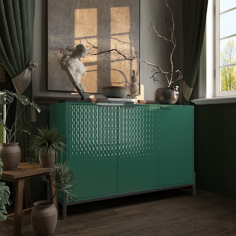 3-Door Storage Cabinet Sideboard with Shelves, Chic Buffet Cabinet Floor Cabinet File Cabinet Base Cabinet - Green