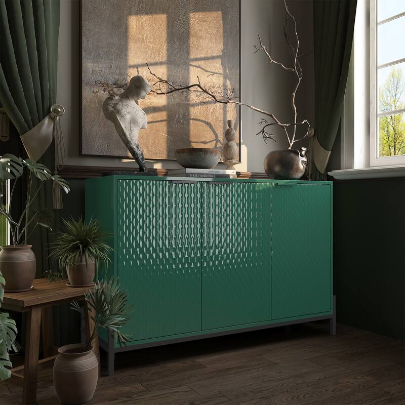 Modern Green High Gloss 3-Door Cabinet -Buffet Sideboard with Powder Coated Metal Feet