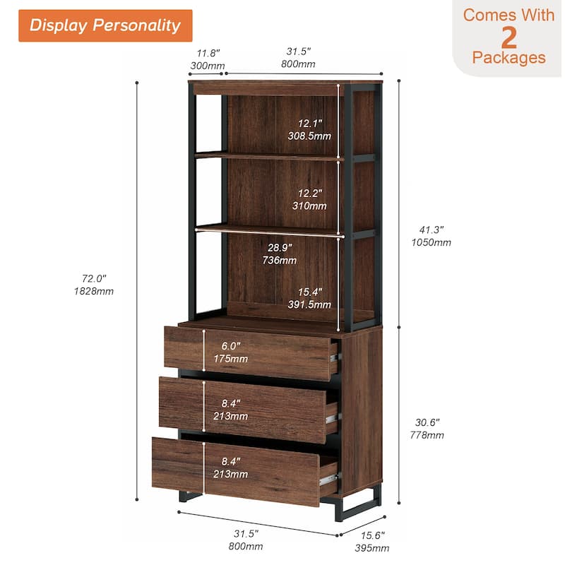 WAMPAT Modern 72" Tall Bookcase with Drawers and Open Book Shelfs, Library Book Shelf for Home Office, Living Room