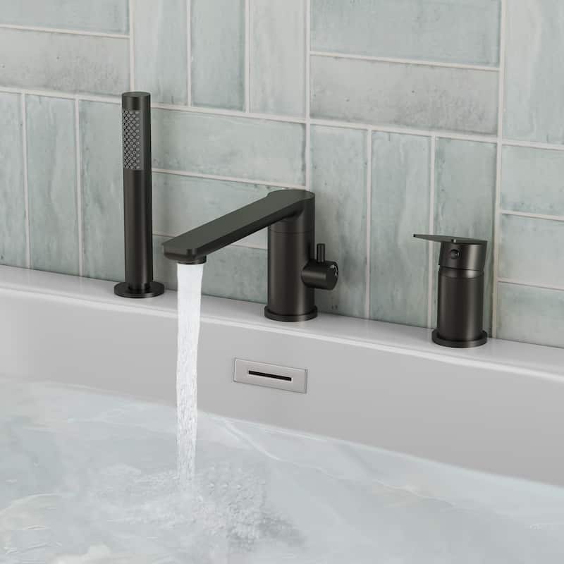 Modern Tub Filler with Hand Sprayer Deck Mount Tub Faucet with Hand Shower 3 Holes Bathtub Faucet Brass