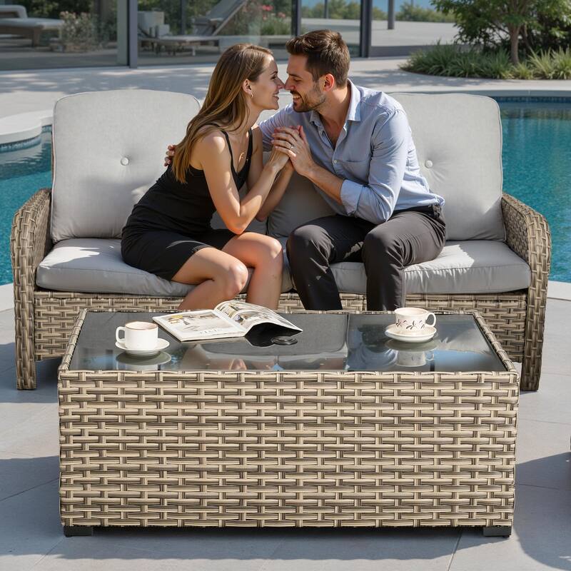 HOOOWOOO Wicker Rattan Patio Rectangle Coffee Table with Umbrella Hole