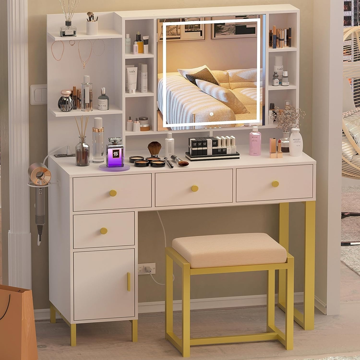 3-in-1 Vanity Desk With Flip Top Mirror – Makeup Table, Nightstand & Writing Desk, Includes Stool, For Small Spaces