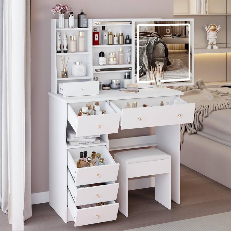 Middle Size Left Drawer Desktop Vanity Table + Cushioned Stool,Touch Control,Tri-color Switching,Brightness Adjust LED Mirror