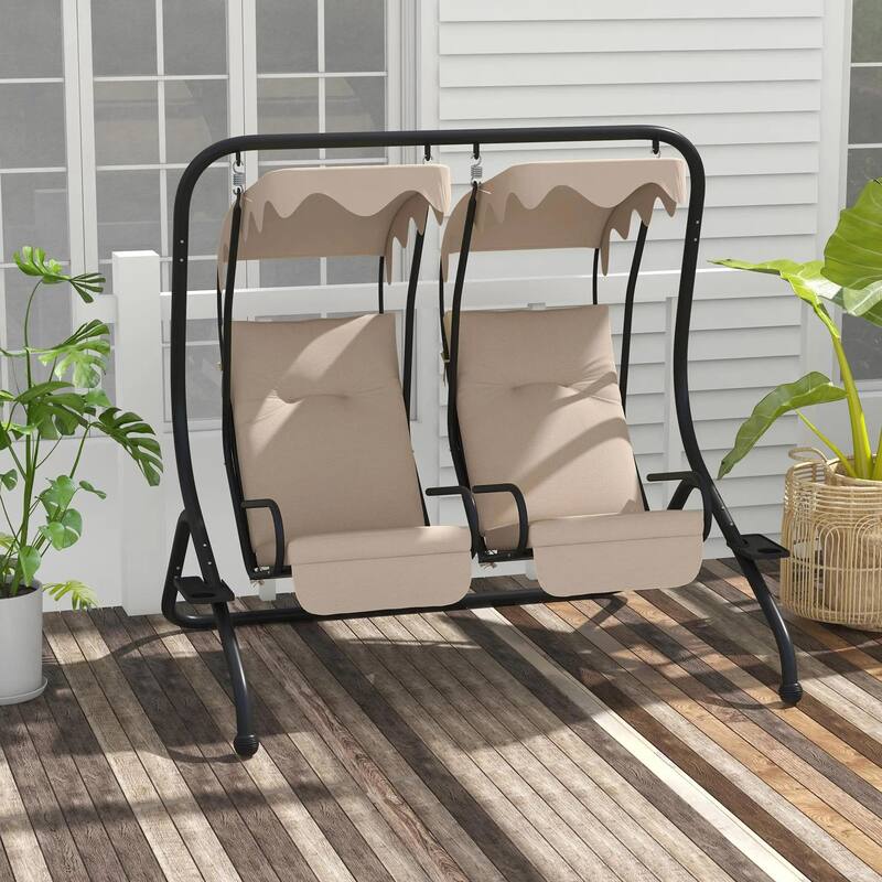 Cozy 2-Seater Outdoor Swing Chair with Cup Holder and Removable Canopy - Beige-2