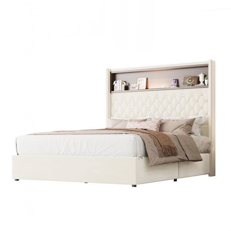 Full Size Tufted Soft Bed Frame with USB Port and Night Light