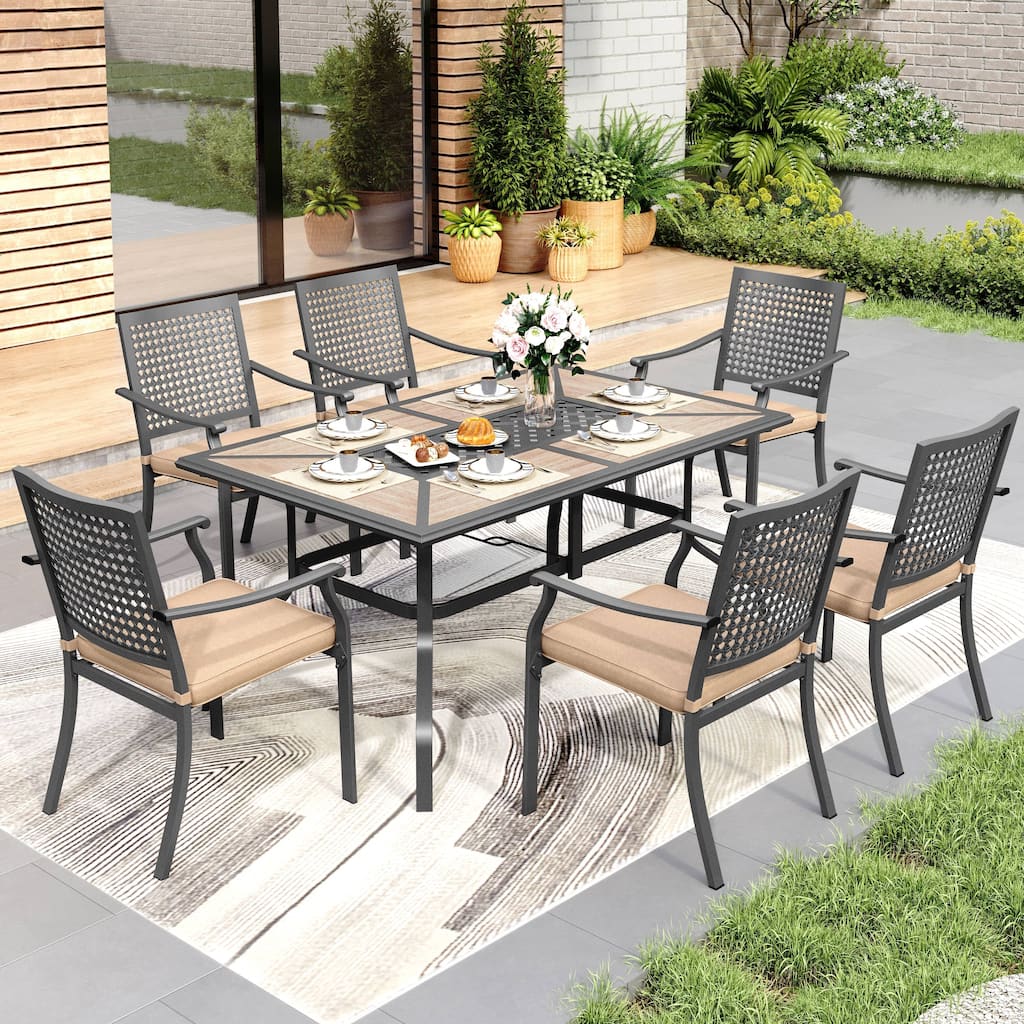 MAISON ARTS 7-Piece Patio Dining Set Metal E-coating of 6 Metal Chairs & 1 Umbrella Hole Metal Table with Wood-like table Top