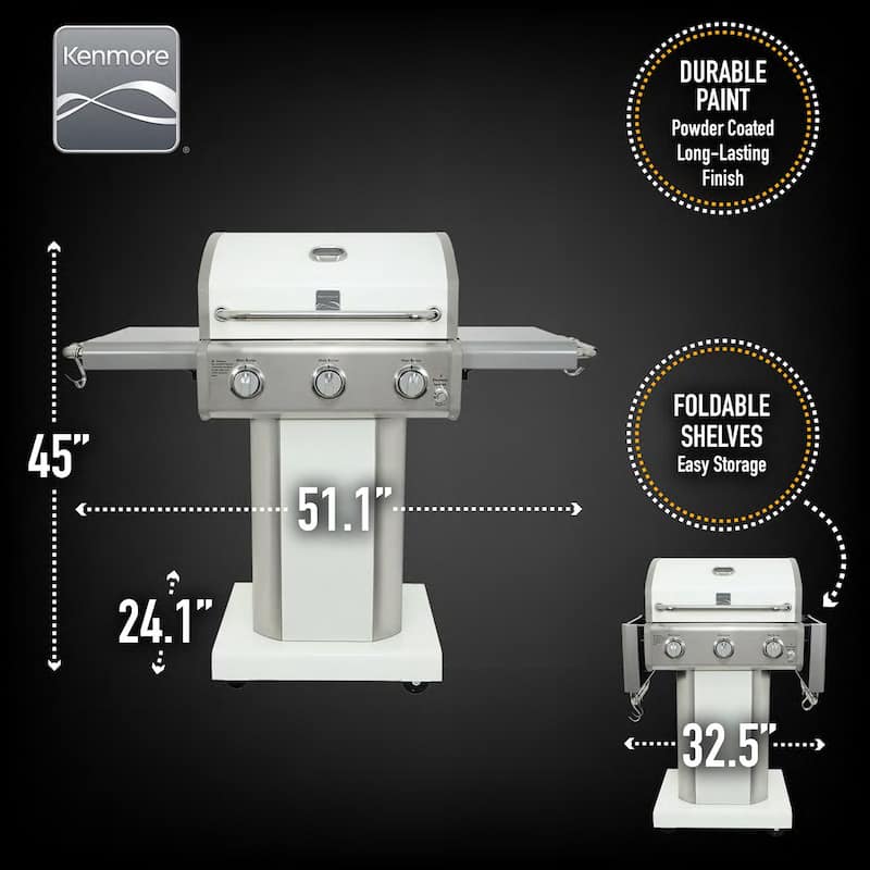 Kenmore 3-Burner Propane Gas Grill with Foldable Side Shelves