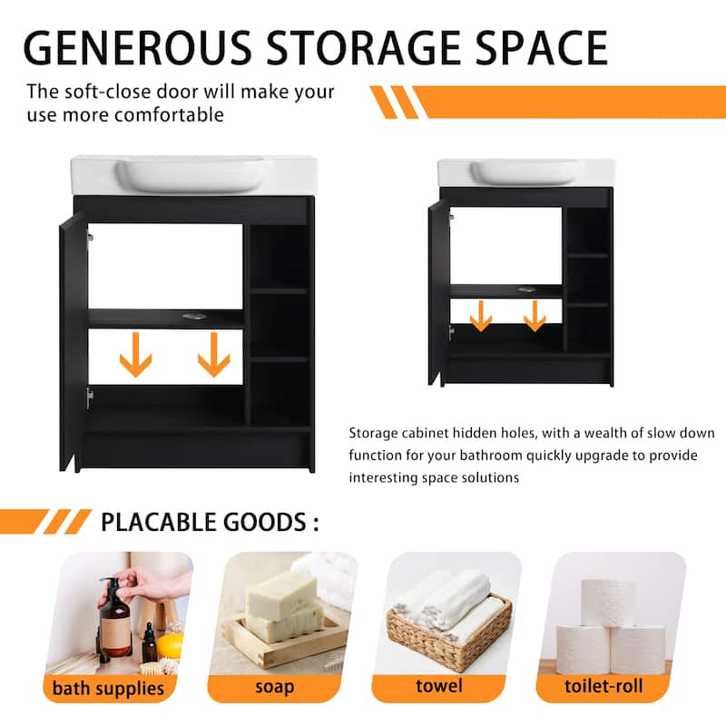 28 Inch Freestanding Bathroom Vanity Cabinet with Ceramic Sink,1 Soft Close Door and 3 Shelves