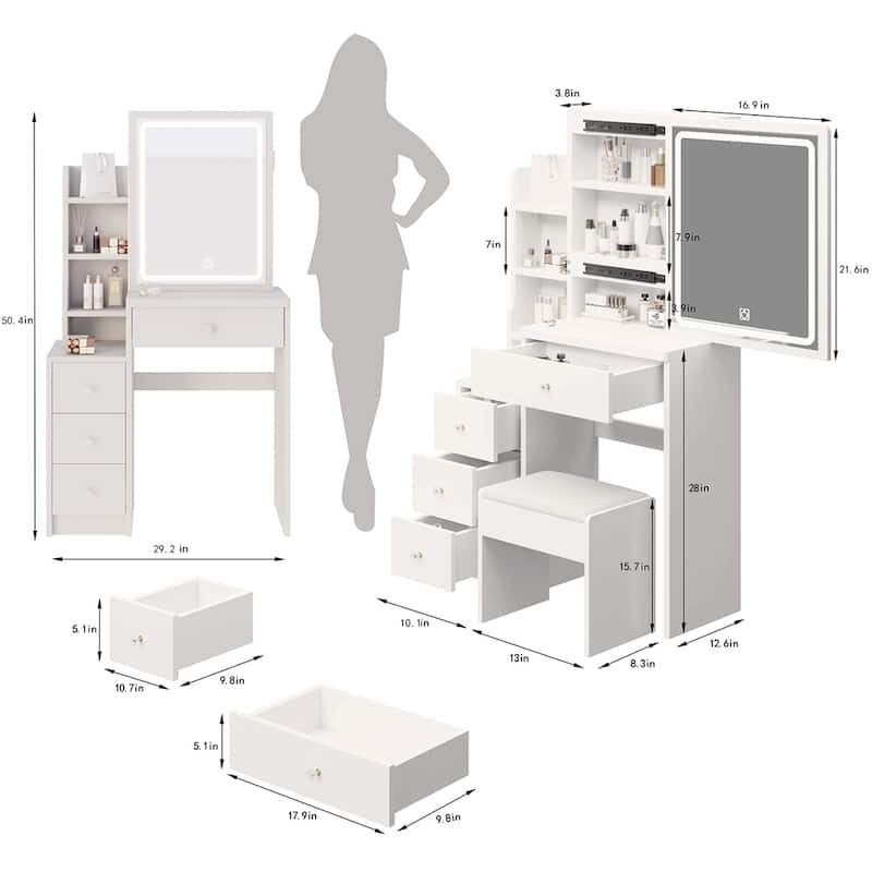 Vanity Table with Cushioned Stool,Adjustable Touch Control LED Mirror