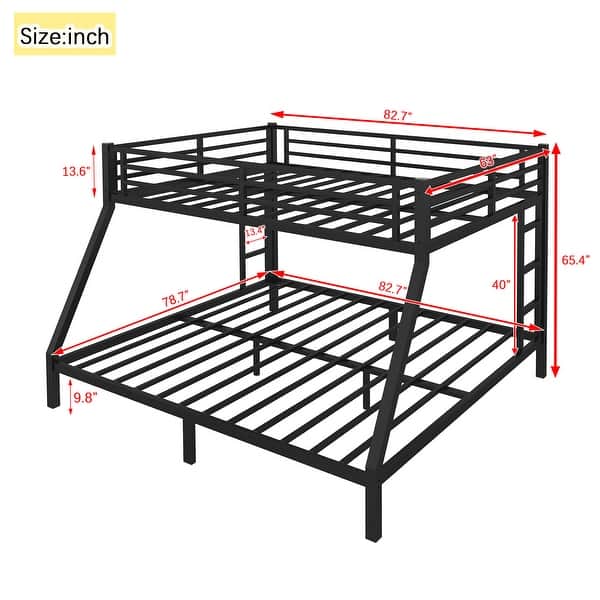 Black Queen over King Size Metal Bunk Bed with Fence, Ladder, and Noise-Reducing Design
