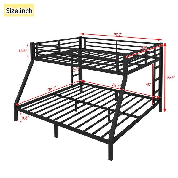 Queen over King Size Metal Bunk Bed with Fence, Ladder, and Noise-Reducing Design