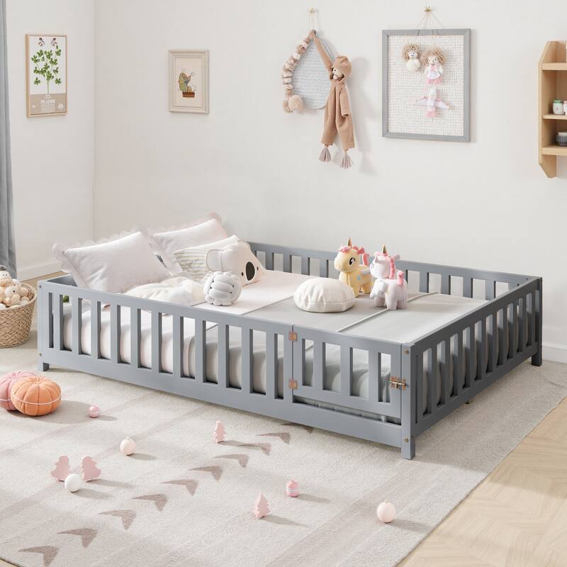 Full Size Plywood Platform Bed with Safety Fence and Door, 7-Slat Support