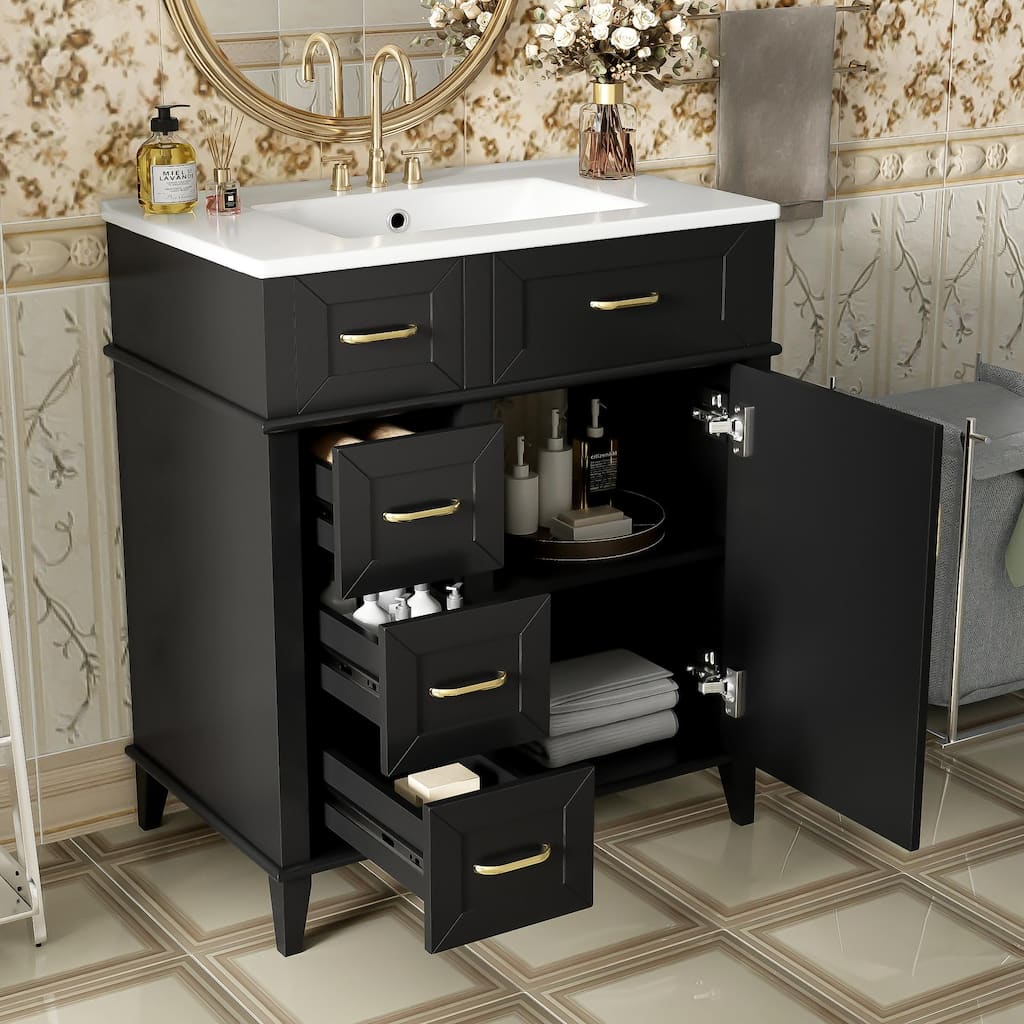 30" Bathroom Vanity with Ceramic Sink, Adjustable Shelf, Soft Close Door, and Three Soft Close Drawers