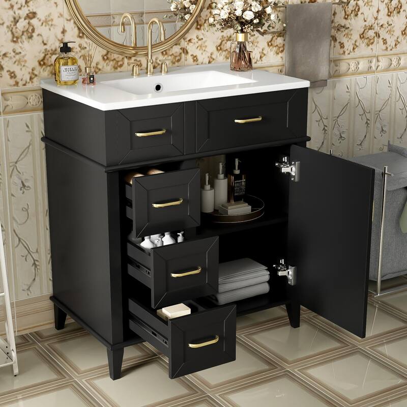 GDFStudio - Snowdon Transitional Freestanding Bathroom Vanity Cabinet with Ceramic Sink, Soft Close Drawers & Adjustable Storage - Black - 30"