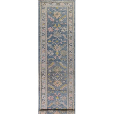 Vegetable Dye Floral Oushak Turkish Runner Rug Handmade Wool Carpet - 3'2"x 16'0"
