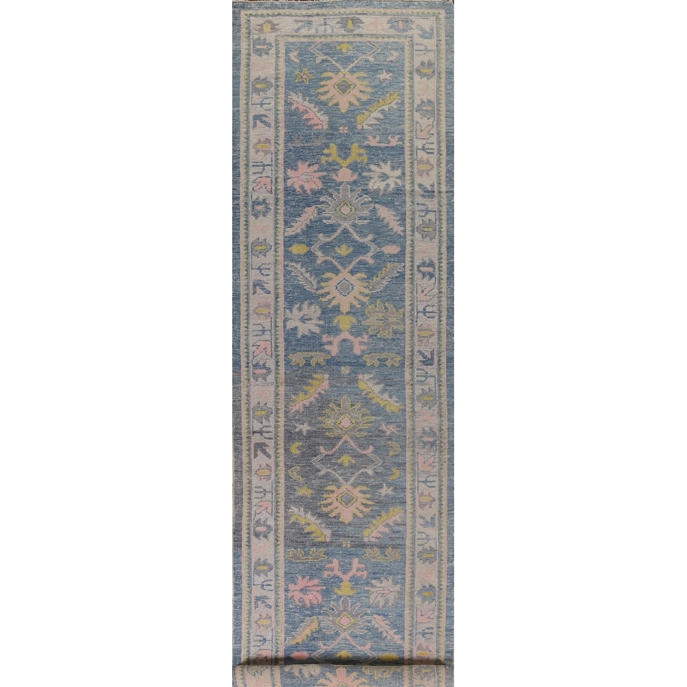 Vegetable Dye Floral Oushak Turkish Runner Rug Handmade Wool Carpet - 3'2"x 16'0"