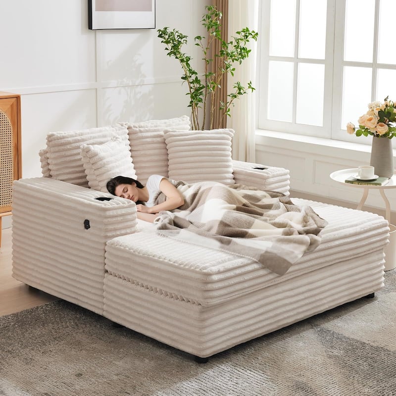 60 Inch Upholstered Sofa Bed with Throw Pillows and Armrests, Comfy Corduroy