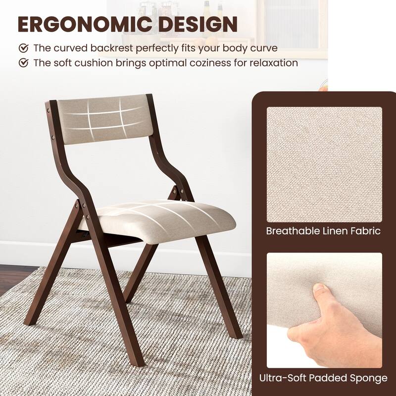 Set of 2 Linen Fabric Folding Chairs with Curved Backrest and Solid Bentwood Legs for Kitchen Use - 19" x 24" x 31" (L x W x H)