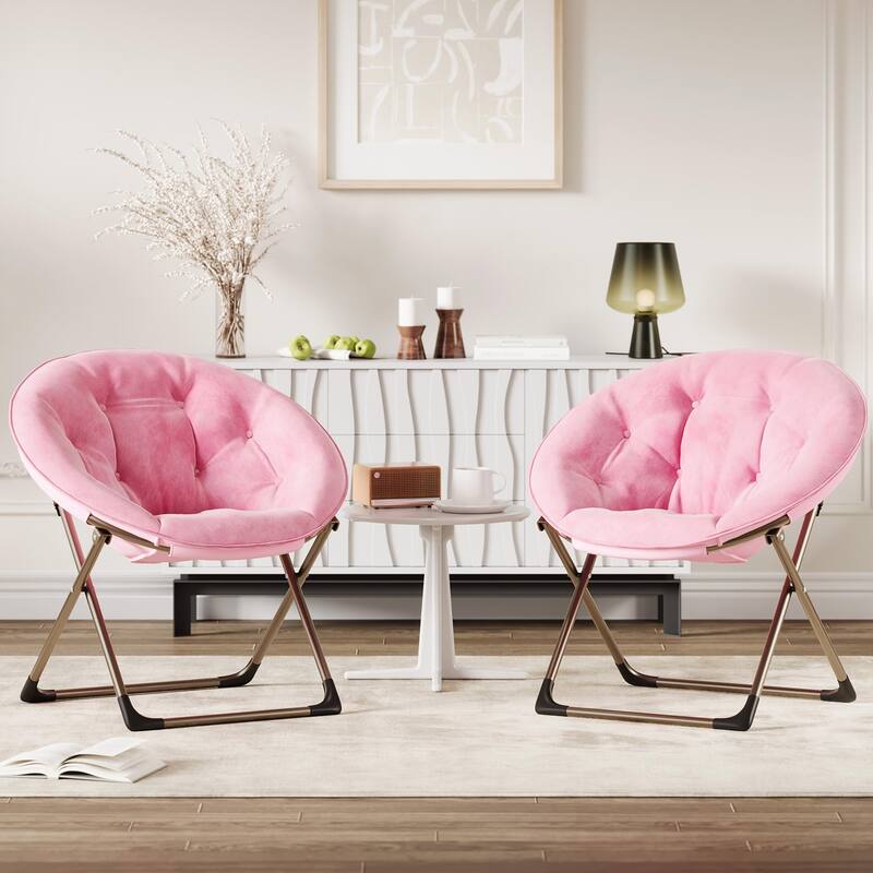 Comfy Folding Saucer Chair for Bedroom, Faux Fur Lounge Moon Chair with Sturdy Metal Frame, Oversized Plush Flower