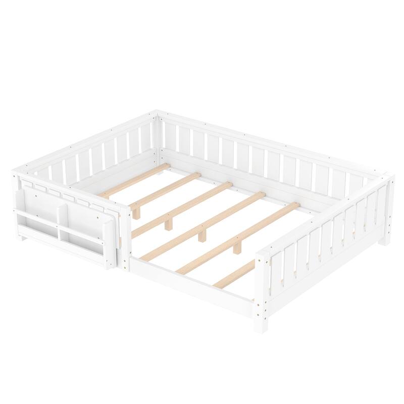Montessori Floor Bed Low Profile Kids Bed with Rails & Bookshelf
