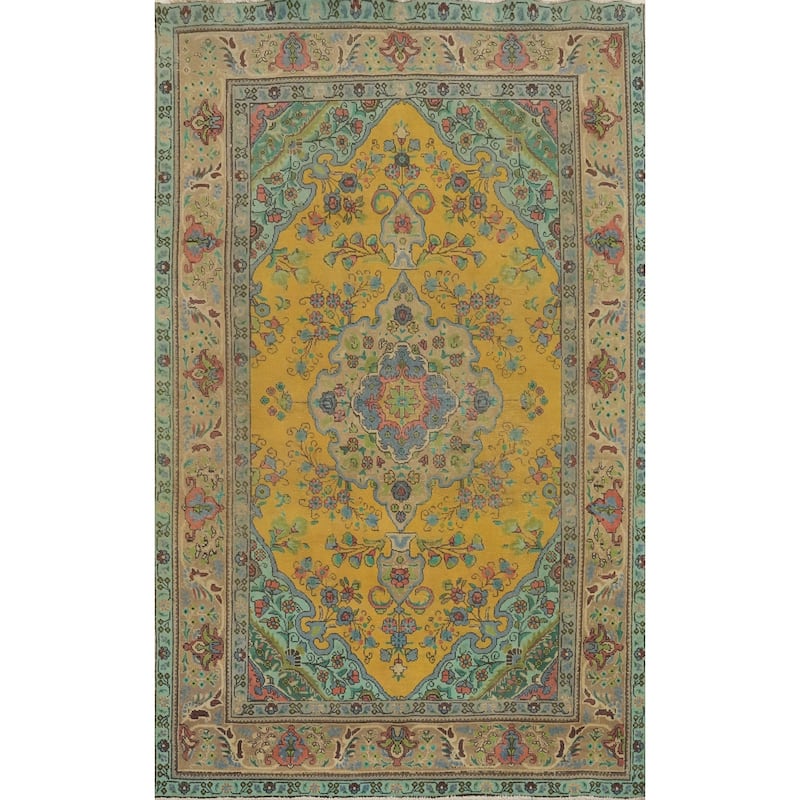 Hand Knotted Oriental 100% Wool Carpet Traditional Floral Yellow & Gold Tabriz Area Rug - 9' 10'' X 6' 7''