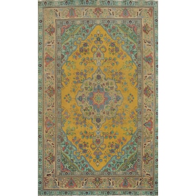 Hand Knotted Oriental 100% Wool Carpet Traditional Floral Yellow & Gold Tabriz Area Rug - 9' 10'' X 6' 7''