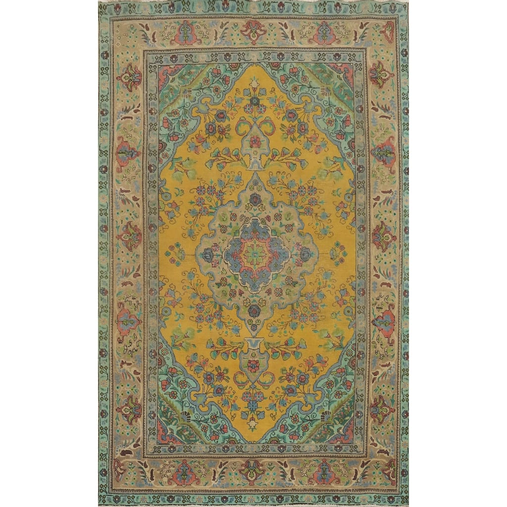Hand Knotted Oriental 100% Wool Carpet Traditional Floral Yellow & Gold Tabriz Area Rug - 9' 10'' X 6' 7''