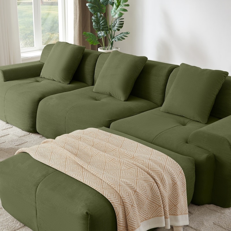 113" Modern L-Shaped Corduroy Upholstery Modular Sectional Sofa with Deep Seat and Movable Ottoman