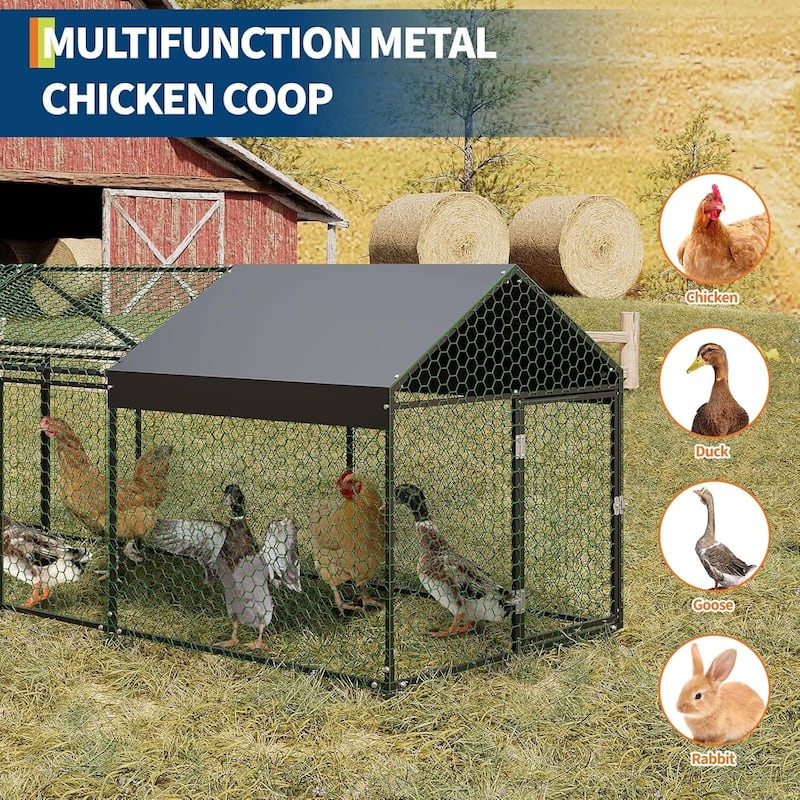 4 Doors Outdoor Large Metal Chicken Coop with Waterproof Anti-UV Cover for Rabbit Duck