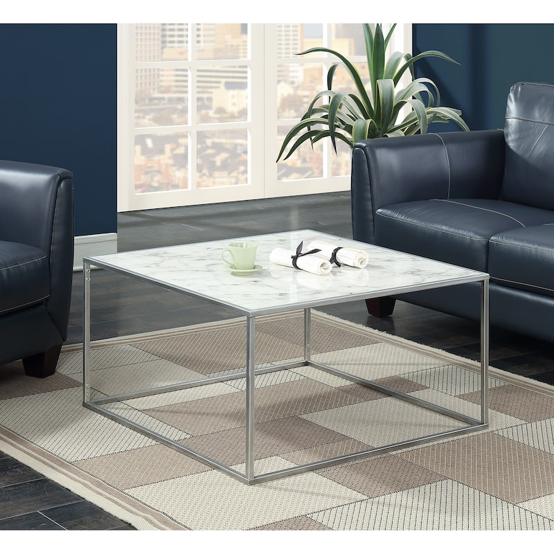Convenience Concepts Gold Coast Faux Marble Square Coffee Table - White Faux Marble/Silver Frame