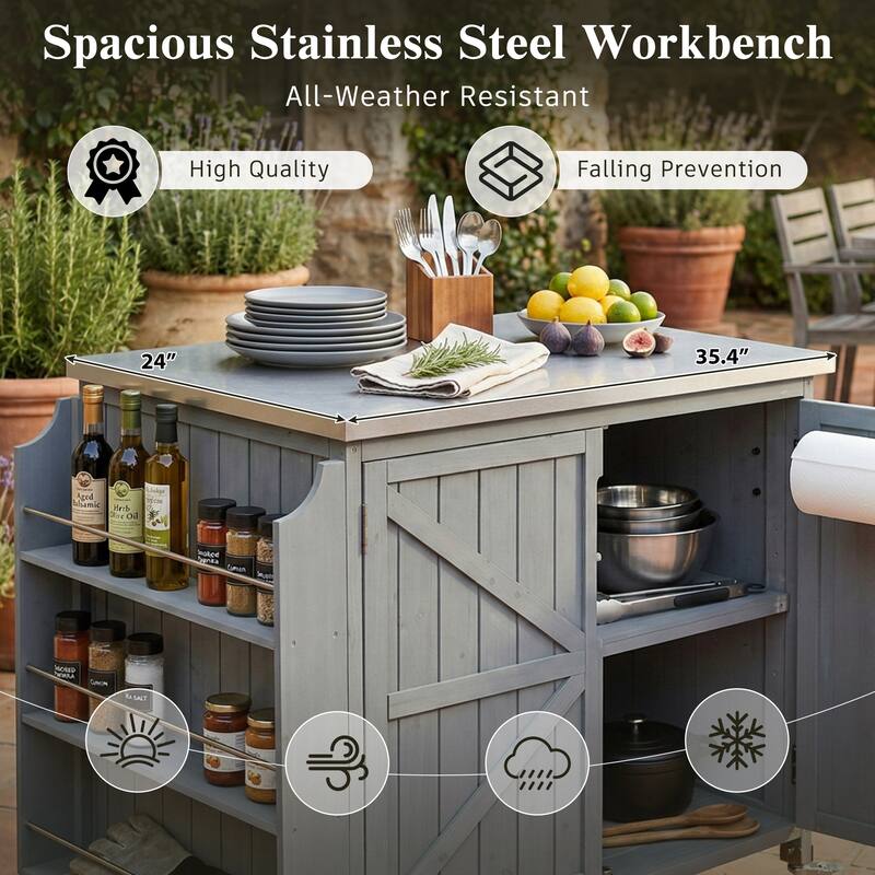 42.1" Outdoor Kitchen Island with Side Shelf, Stainless Steel Top, Adjustable Shelf & 4 Wheels
